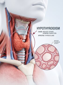 Medical Illustration of Hypothyroidism with Thyroid Gland Anatomy and Microscopic Follicular View
