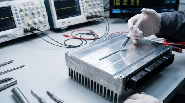 Electric drivetrain research in laboratory with engineer testing battery module using electronic measurement equipment