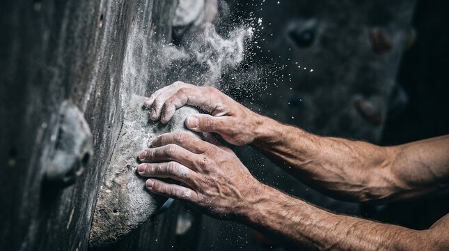 Close-up of muscular athlete hands gripping a hold on an indoor bouldering wall with exploding white chalk powder dust, representing strength, determination, and extreme sports.