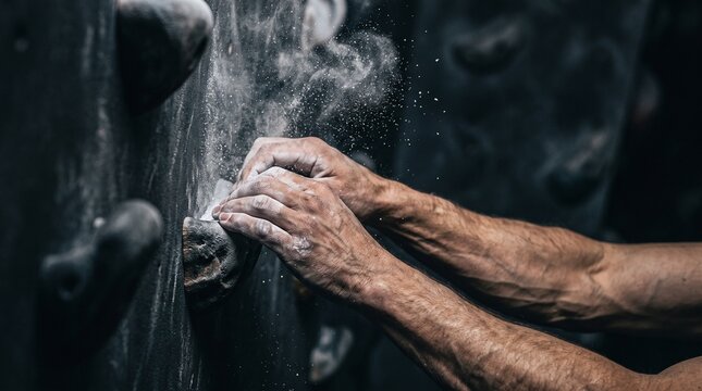 Close-up of muscular athlete hands gripping a hold on an indoor bouldering wall with exploding white chalk powder dust, representing strength, determination, and extreme sports.