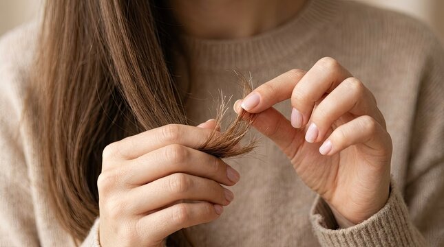 Woman inspecting damaged split ends of long hair.