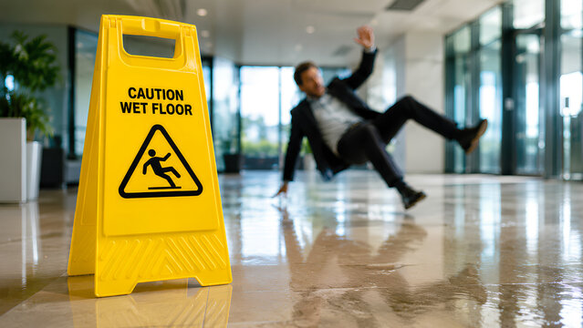Male office worker losing balance and falling backwards after slipping on wet floor beside yellow caution cone in contemporary glass-walled business building