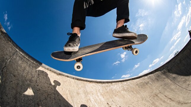 Low angle fisheye shot of a skateboarder performing an ollie jump over a concrete bowl ramp at a skatepark against a clear blue sky.