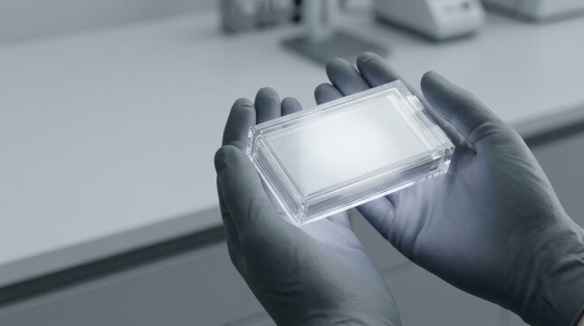 Gloved scientist holding electric vehicle battery cell in clean laboratory setting with careful technical inspection and focused expression