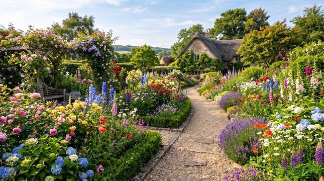 Beautiful English cottage garden with blooming flowers and a winding gravel path in summer