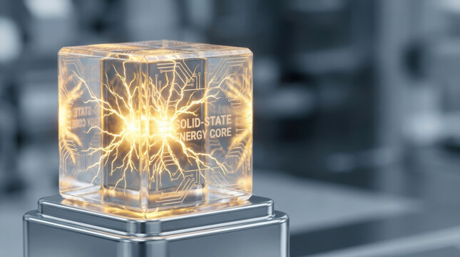Solid state battery electric vehicle energy concept with glowing power cell and futuristic technology design