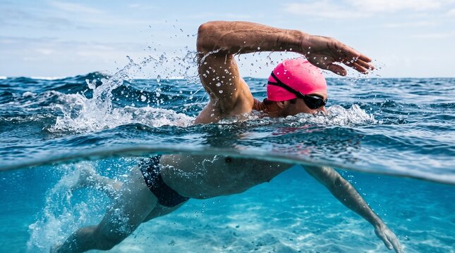 Over-under split level view of a triathlete swimming front crawl freestyle in open ocean water with dynamic splashes and bubbles.