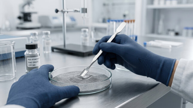 Laboratory scientist examines silver powder for electric vehicle battery research with careful precision