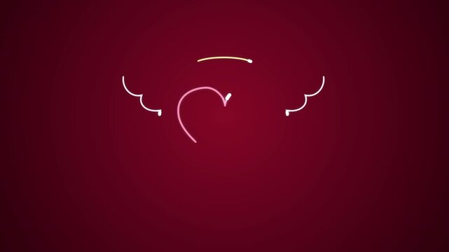 Animated loop glowing heart with wings and halo draws itself on red background, angelic love symbol