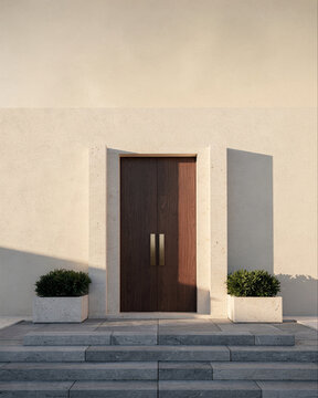 Modern Wooden Double Door Entrance with Stone Facade