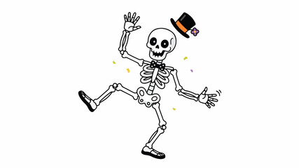 Fototapeta premium Funny cartoon skeleton dancing with a top hat and bowtie for Halloween celebration graphic design