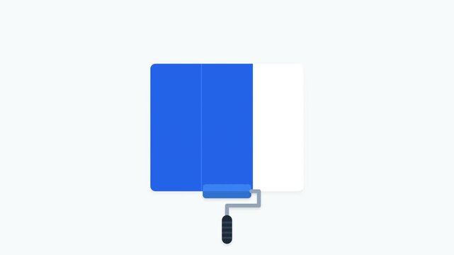Paint roller tool applying blue color on white canvas