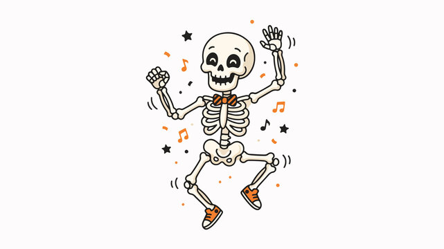 Cheerful cartoon skeleton dancing happily with orange bowtie and sneakers for Halloween celebrations