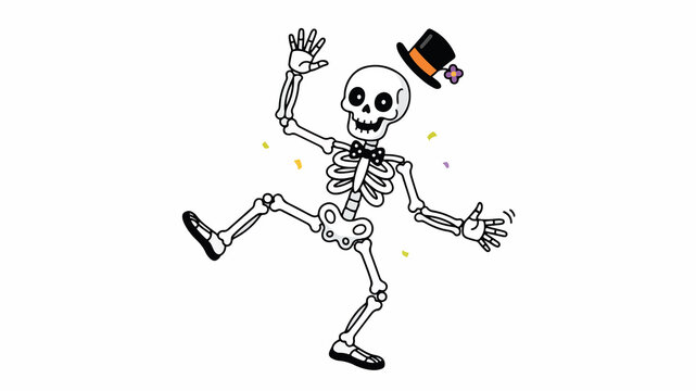 Funny cartoon skeleton dancing with a top hat and bowtie for Halloween celebration graphic design