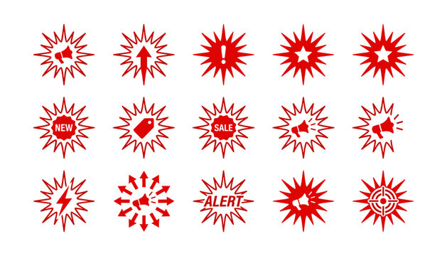 Vibrant red explosion and warning icons set on clean white background for safety alerts