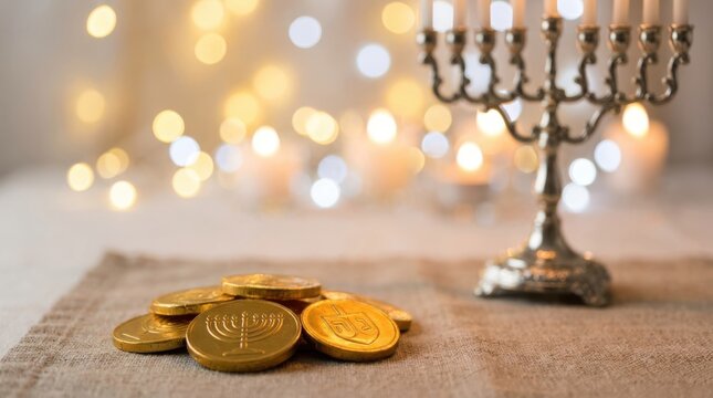 Gold hanukkah chocolate coins arranged on burlap surface next to shining silver menorah with defocused warm lights.