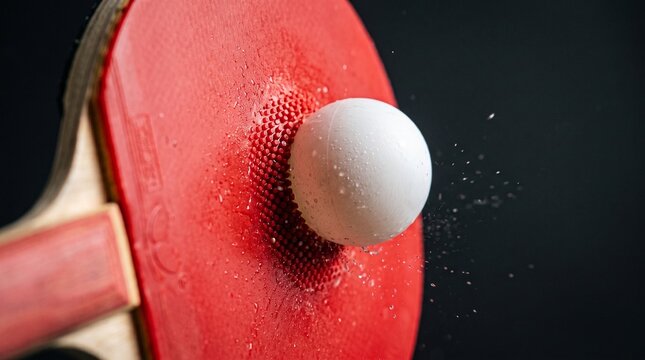Macro extreme close-up of a white table tennis ball impacting a red ping pong paddle with spin dust against a dark background.