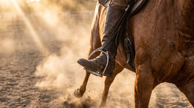 Close-up of a rider's leather boot in a metal stirrup as a horse gallops through a dusty arena at golden hour.
