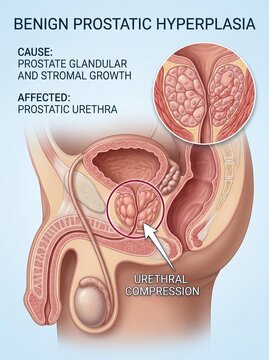Medical Illustration of Benign Prostatic Hyperplasia (BPH) Showing Urethral Compression and Prostate Enlargement