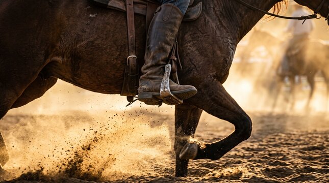 Close-up of a rider's leather boot in a metal stirrup as a horse gallops through a dusty arena at golden hour.