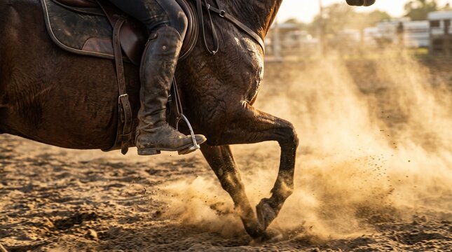 Close-up of a rider's leather boot in a metal stirrup as a horse gallops through a dusty arena at golden hour.