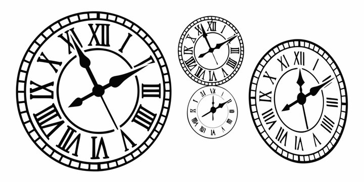 Vintage black clock faces with roman numerals and hands, isolated clock hands vintage style