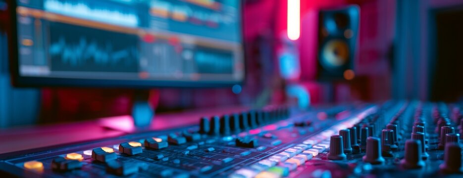 Digital audio workstation setup with mixer and monitor in studio  