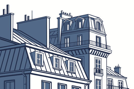 Parisian apartment buildings featuring traditional mansard roofs and architectural details rendered in a clean flat blue and white vector illustration style