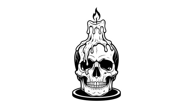 A hand drawn graphic of a human skull featuring melting wax and a burning candle on top creating a spooky gothic artwork for tattoo designs and apparel prints with scary Halloween themes