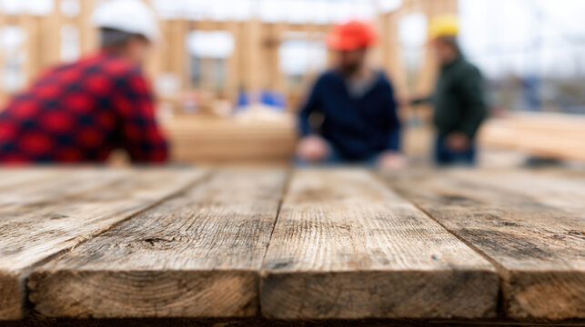 Construction workers framing new house interior with rough wood plank foreground and blurred protective helmet crew