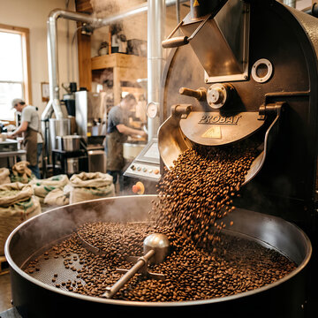 Freshly Roasted Coffee Beans Pouring from Industrial Roaster Machine
