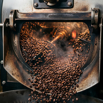 Freshly Roasted Coffee Beans Tumbling in Industrial Roaster Machine