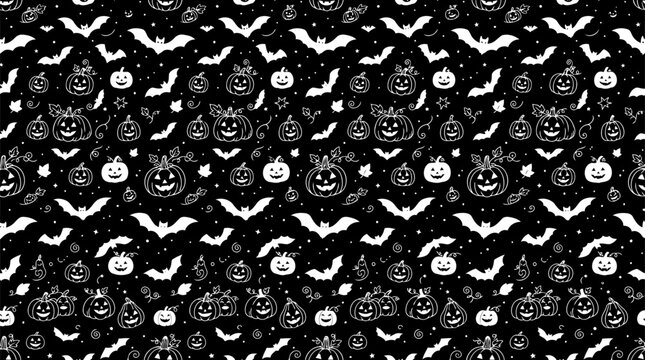 Seamless repeating pattern featuring festive holiday symbols including spooky bats and carved pumpkins arranged across the dark night sky for seasonal autumn celebrations and party decor designs