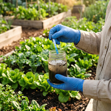 Gardener testing soil pH with test strips in organic vegetable garden