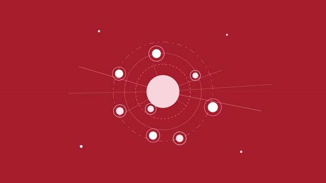 Minimalist abstract scientific atomic structure illustration with white circles and red background