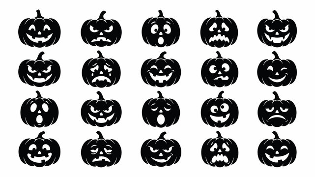 Halloween Pumpkin Silhouette Icons Set with Various Spooky Jack O Lantern Facial Expressions and Emotions