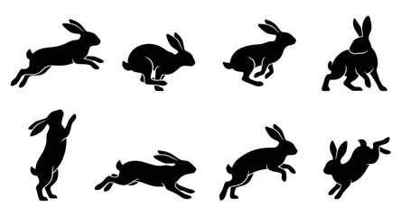 Fototapeta premium Black Rabbit and Hare Silhouettes Vector Set Showing Running Jumping and Standing Poses
