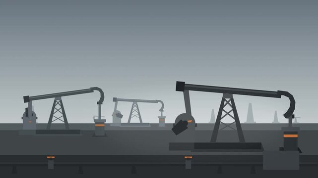 Oil pump jacks working on gray sky background, industrial landscape, natural resource exploitation, environmental pollution concept