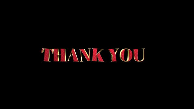 Thank you text rendered in red three-dimensional font with golden accents sits centered on a black background.