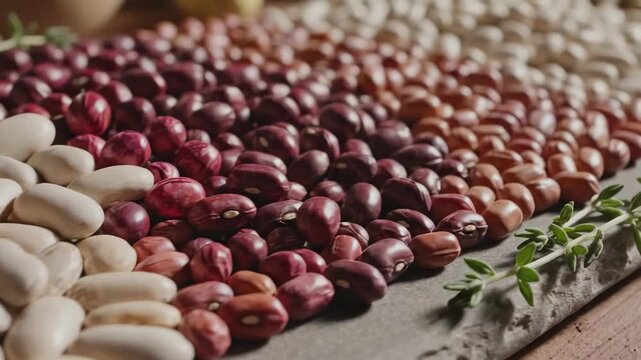 Layered rows of ivory, crimson and speckled beans with thyme create a pulse mosaic, honoring soil friendly crops, protein rich nourishment and conscious meat free traditions for seasonal wellness
