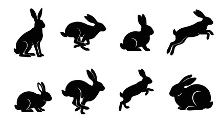 Obraz premium Black Rabbit and Hare Silhouettes Vector Set Showing Running Jumping and Sitting Poses