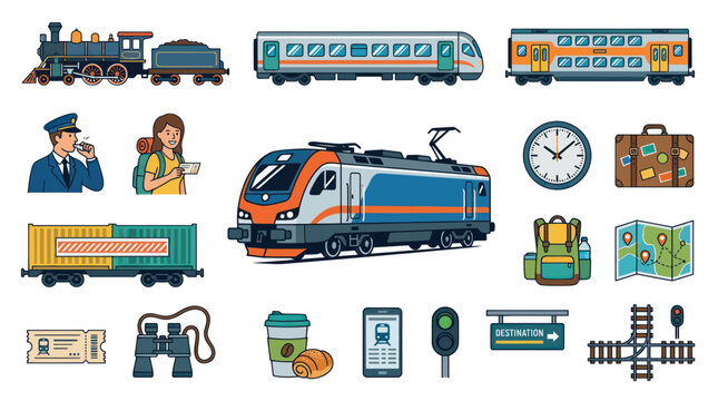 Flat Design Vector Icons: Train Travel and Transportation Icons for Railway Industry