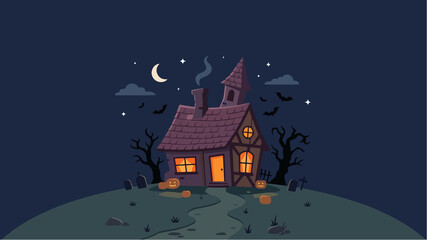 Naklejka premium Spooky Haunted House Illustration with Glowing Windows, Bats, and Crescent Moon in a Dark Night Halloween Scene