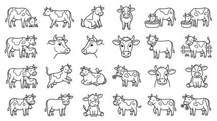 Obraz premium Cute Cow and Calf Line Art Collection with Hand Drawn Farm Animal Outline Illustrations for Coloring Pages, Stickers, Icons, and Designs