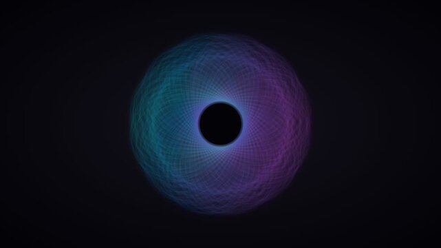 Four teal and purple glowing spiral rings rotating on black background. 4K Video