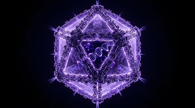 Futuristic glowing purple viral capsid with internal DNA strand and icosahedral structure