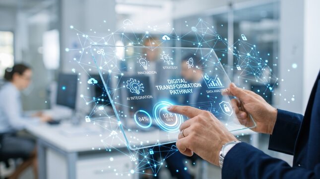 Digital transformation pathway on transparent tablet screen, business strategy, innovation, AI integration, data analytics, growth metrics and future technology roadmap