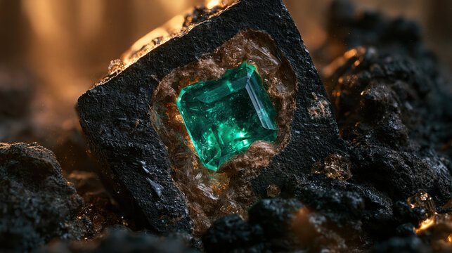 Extreme macro photograph of raw dark stone split open revealing vivid emerald crystal with reflective facets and rugged mineral texture