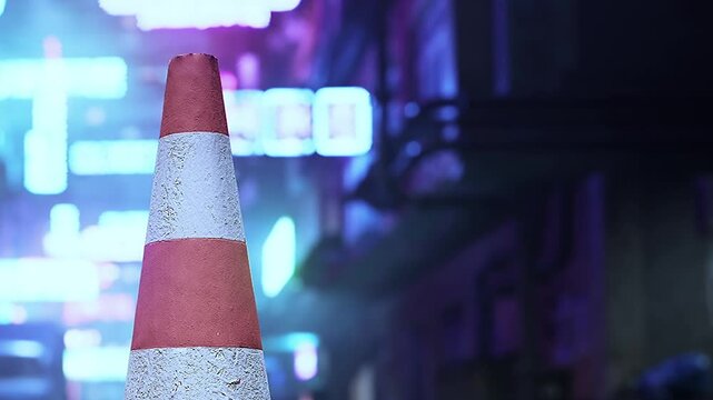 A traffic cone is positioned on a city street filled with colorful neon signs. The background shows dim lighting and several blurred lights. It is nighttime in an urban area.