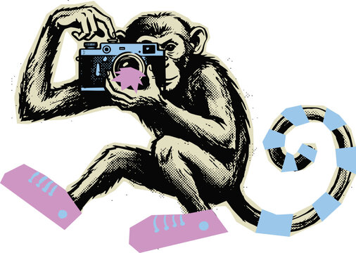 Clipart cut-out sticker transparent background hand drawing vector illustration of a monkey taking a photo with a camera wildlife illustration transparent background creative photography